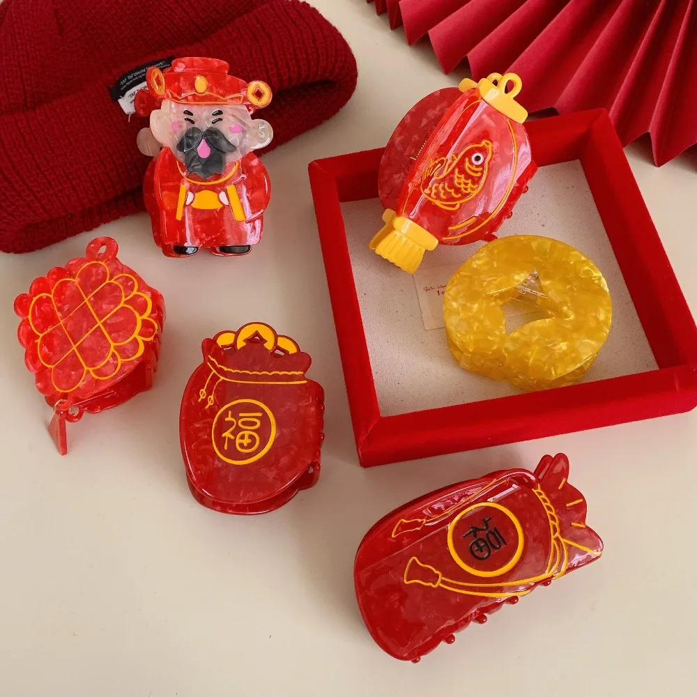 

Sweet Cartoon New Year Hair Claw Lantern Grab Clip Acetate Claw Clip Money Bag Plate Hair Large Shark Clip Hair Accessories