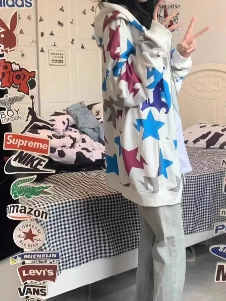 เสื้อคลุมมีฮู้ดแบบซิป สไตล์อเมริกันเรโทร ลายดาว แขนยาว ผ้าโพลีเอสเตอร์