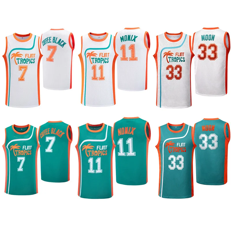 Filme Flint Tropics basquete Jersey para homens, roupas Hip Hop para festa, camisa cosplay, lua, preto, café, preto, 7 Monix, 11, 90s