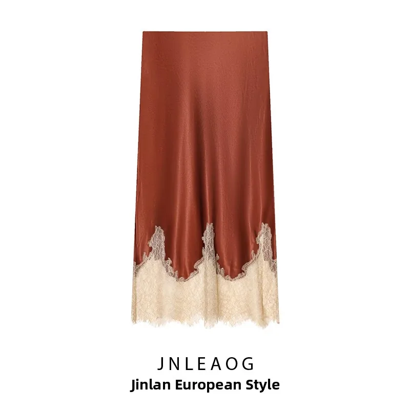 

JNLEAOG Новая осенняя женская модная юбка с кружевной отделкой из шелковистого атласа, асимметричная, со средней талией, прямого кроя, повседневная