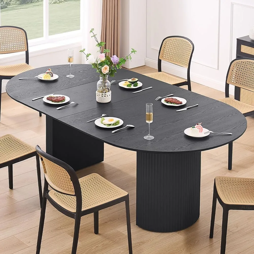 

86.61" Wood Extendable Dining Table for 6 to 8, Modern Oval Kitchen Table with Wooden Pedestal Base,Black