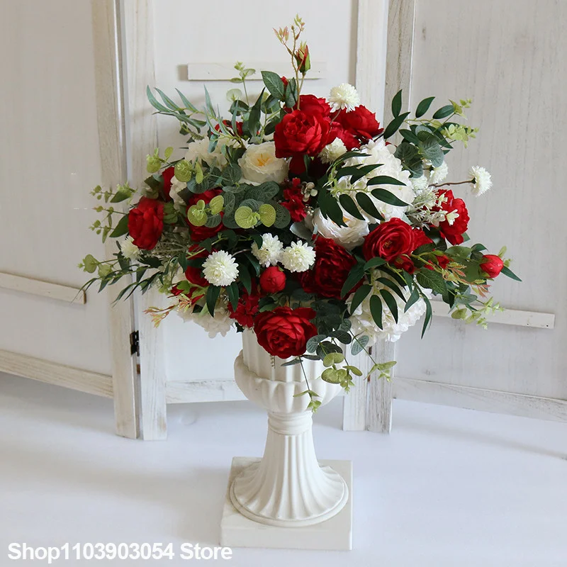 Rot-weißes Rosen-Kunstblumenarrangement, luxuriöses Hochzeits-Bankett-Tischdekor, Blumenstrauß für Hotel-Esszimmer-Partydekoration – Detail 3