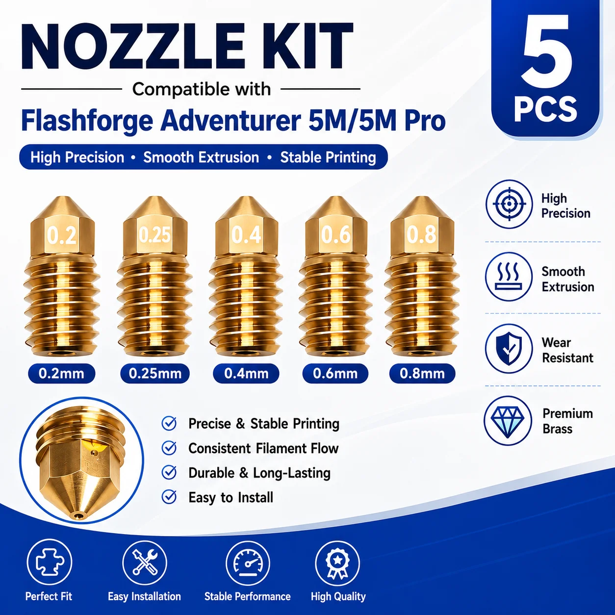 For Flashforge Adventurer 5M (AD5M) Hot End, Brass Nozzle & Hardened Steel Nozzle Kit, Bore Sizes: 0.2mm / 0.25mm / 0.4mm / 0.6m