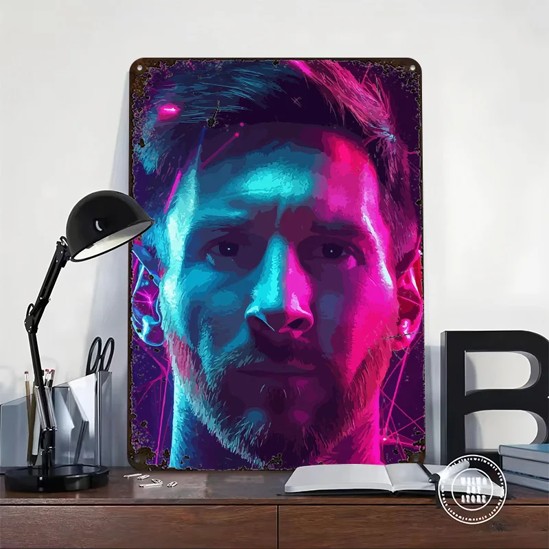Lionel Messi Neon Portrait Tin Poster Customized Wall Art Retro Vintage Metal Signs for Fans Room Interior Accessories Wand Deko