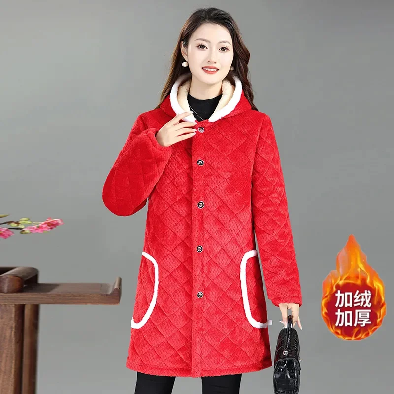 Winter Mid-Long Cotton Jacket Women New Loose Hooded Coat Fashion Single-Breasted Outerwear Pure Colour Thicken Overcoat Female