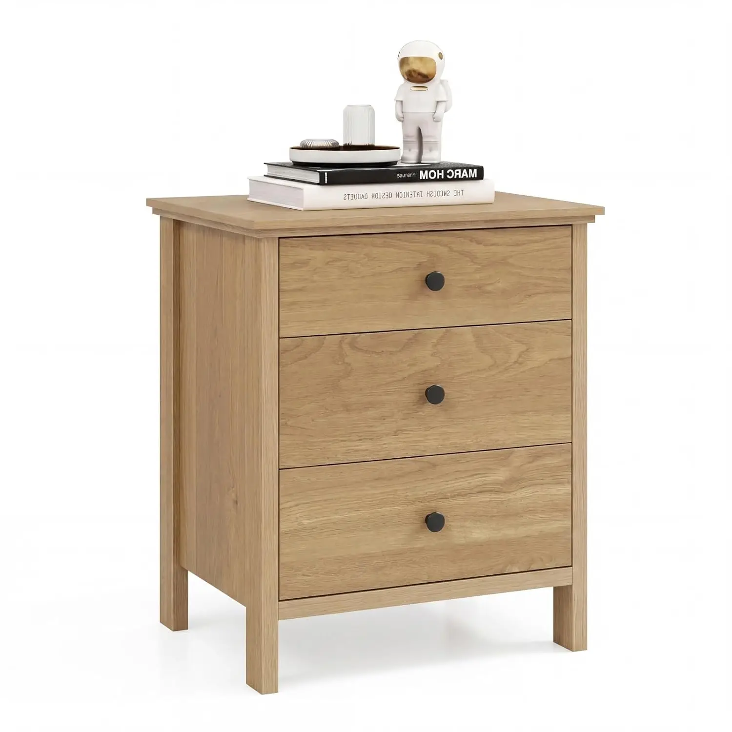 Nightstand with 3 Drawers, Wooden Bedside Table, Natural, Customized