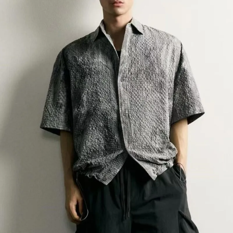 Retro Textured Print Loose Short Sleeve Men's Shirt New Autumn Collection Comfortable Breathable Polyester Fiber Button up