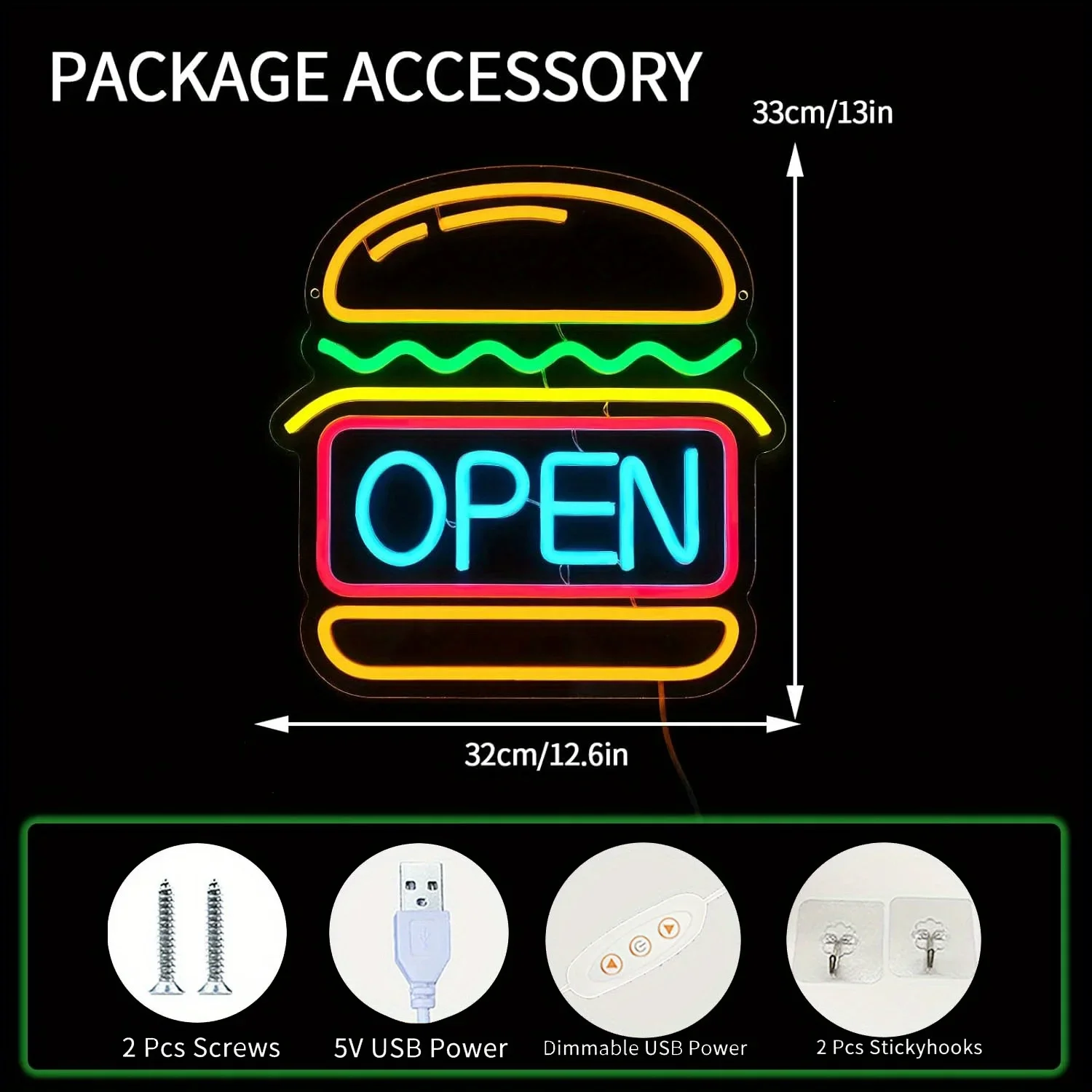 Open Burger Sign Room Neon Wall Decor Room Bedroom Decor LED Sign Home Party LED Night Light Sign Shop, Adjustable Brightness