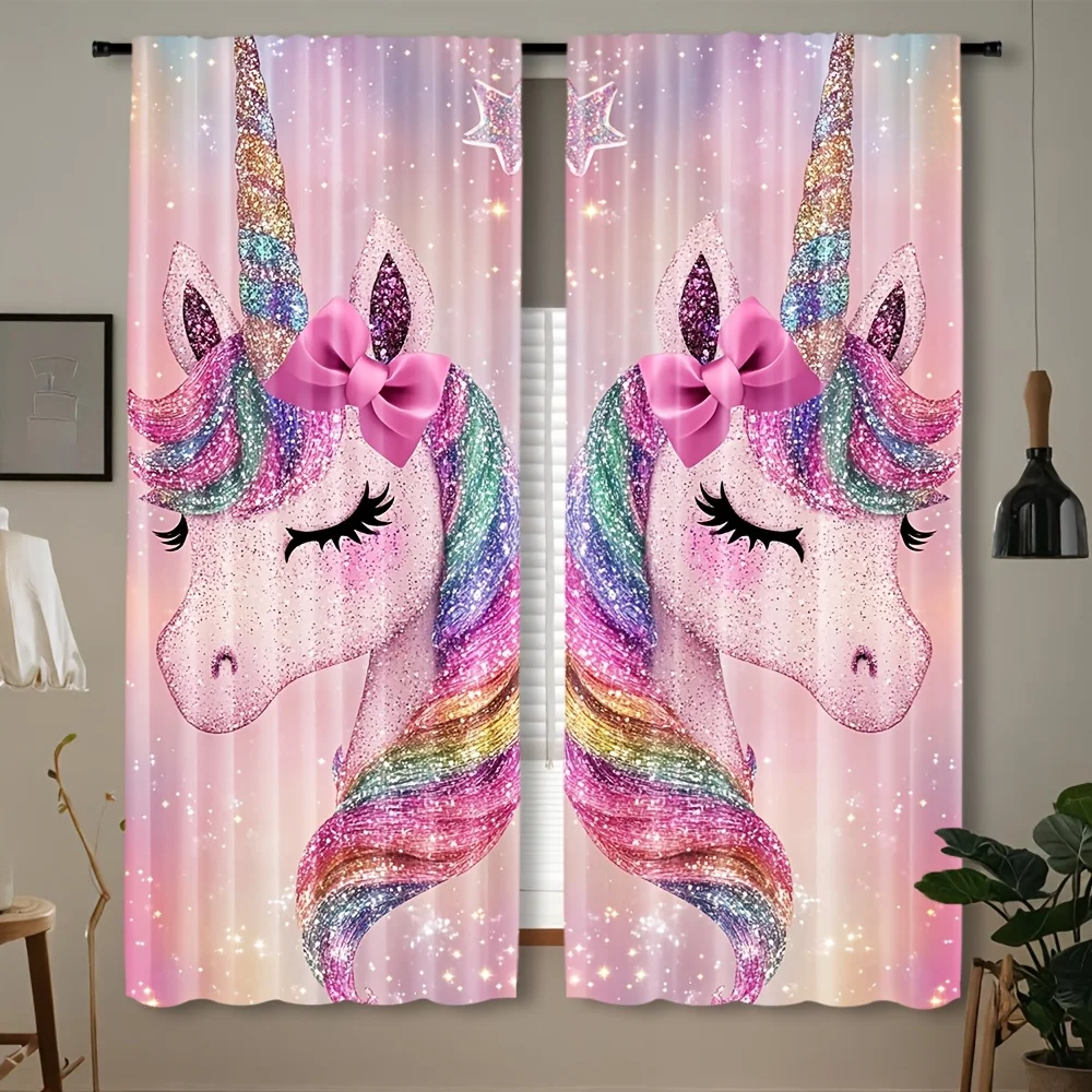Unicorn Curtain Panels, Glitter Rainbow Mane Unicorn Bow Star Sparkle Pink Gradient Print Drapes for Girls Bedroom Dreamy Living