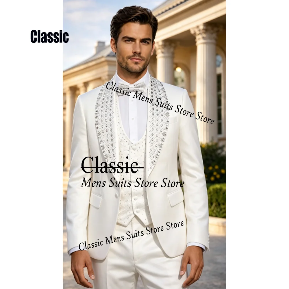 Luxury Jewelry Men suit Customized Elegant Corset Gem For Evening Groom Male Prom Party Glitter Blazer 3 Pieces Set Tuxedos Slim