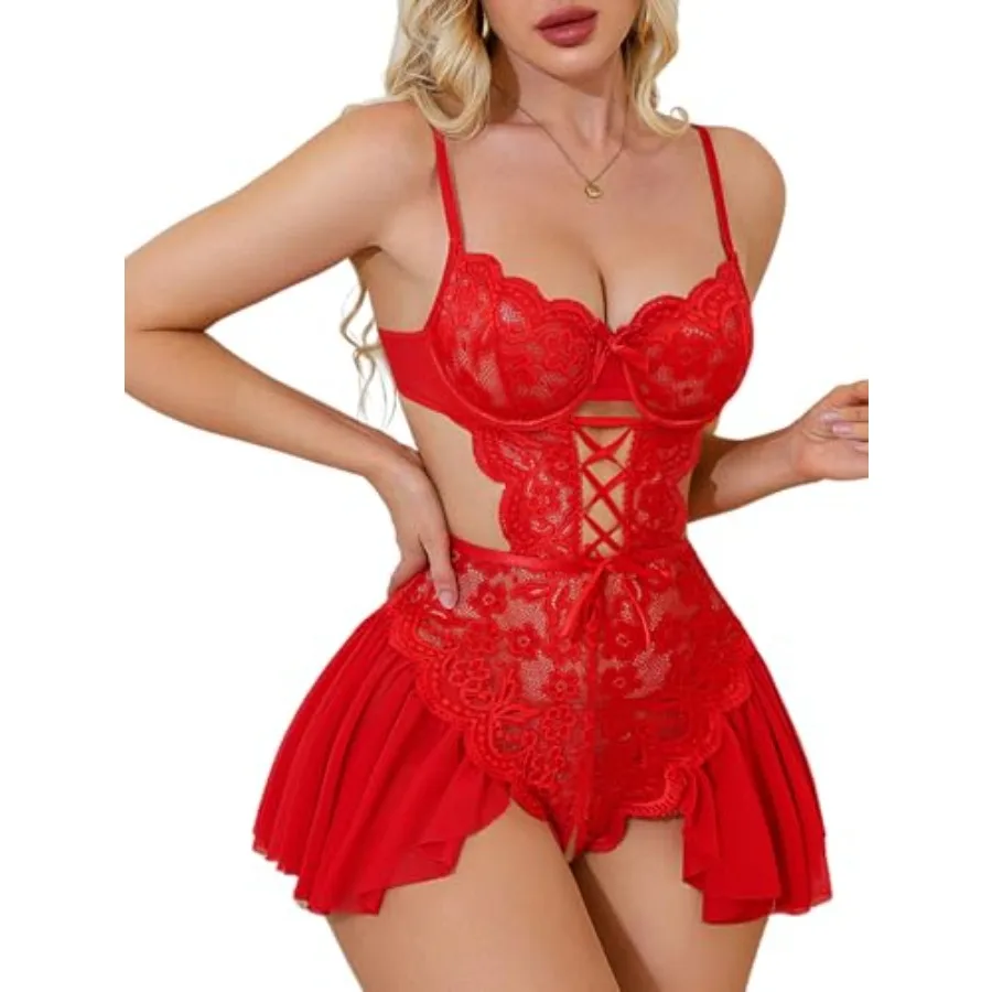 

Donnalla Lingerie for Women - One Pcs Lace Teddy Bodysuit Adjustable Corset Bridal Babydoll Underwear S-2XL
