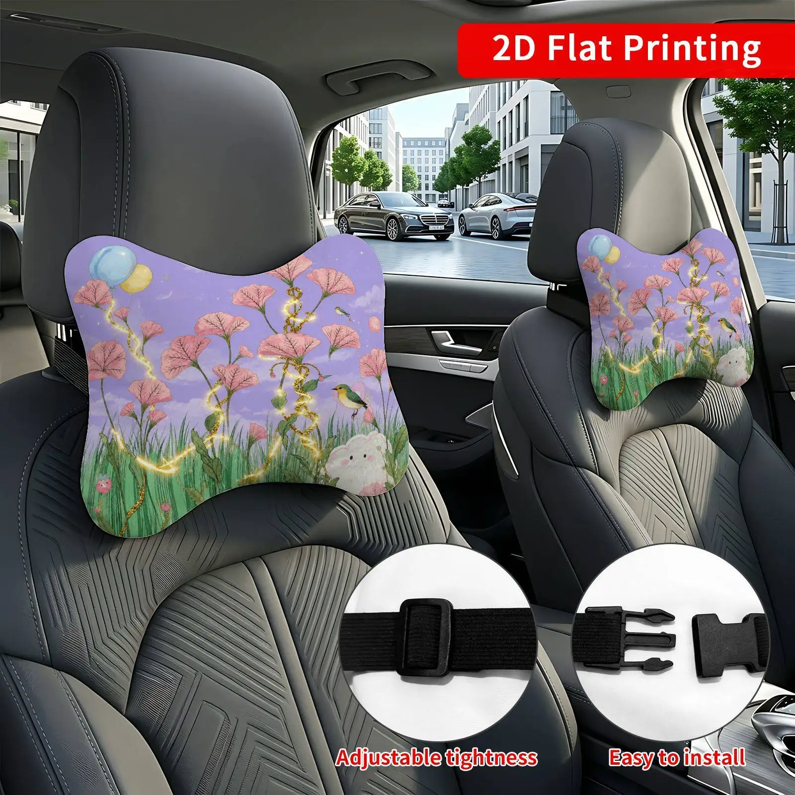 2pcs Flowersbirds Pastel Car Seat Headrest, Neck Support Cushion, Suitable For All Seasons Of Car Additions, Nature Theme, Trave