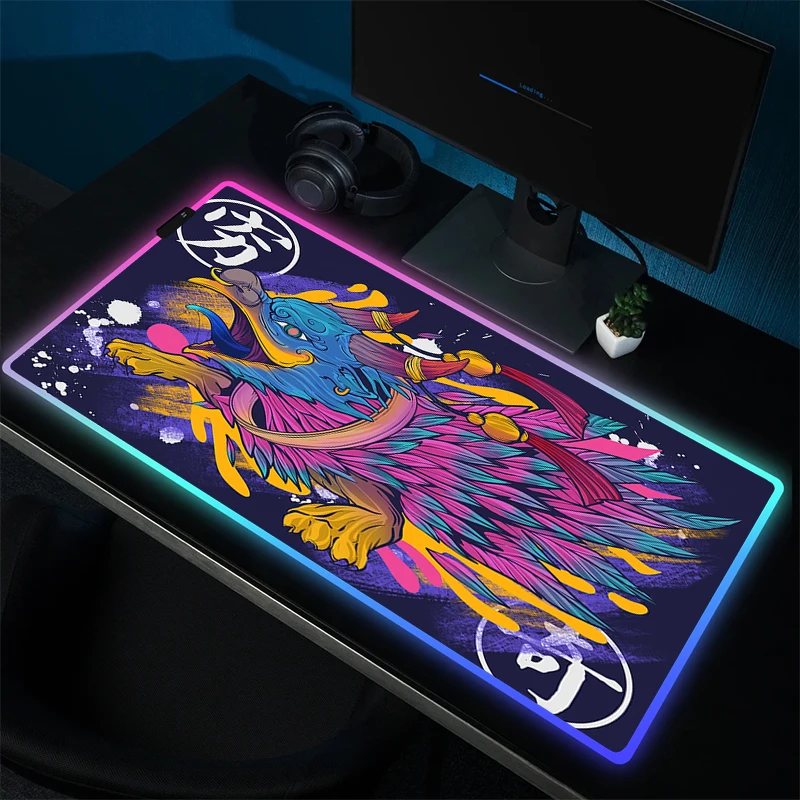 

RGB Gaming Mouse Mat Beast Anime Mousepad Gamer Locking Edge Computer Mouse Pad LED Large Rubber Keyboard Mat Game Accessories