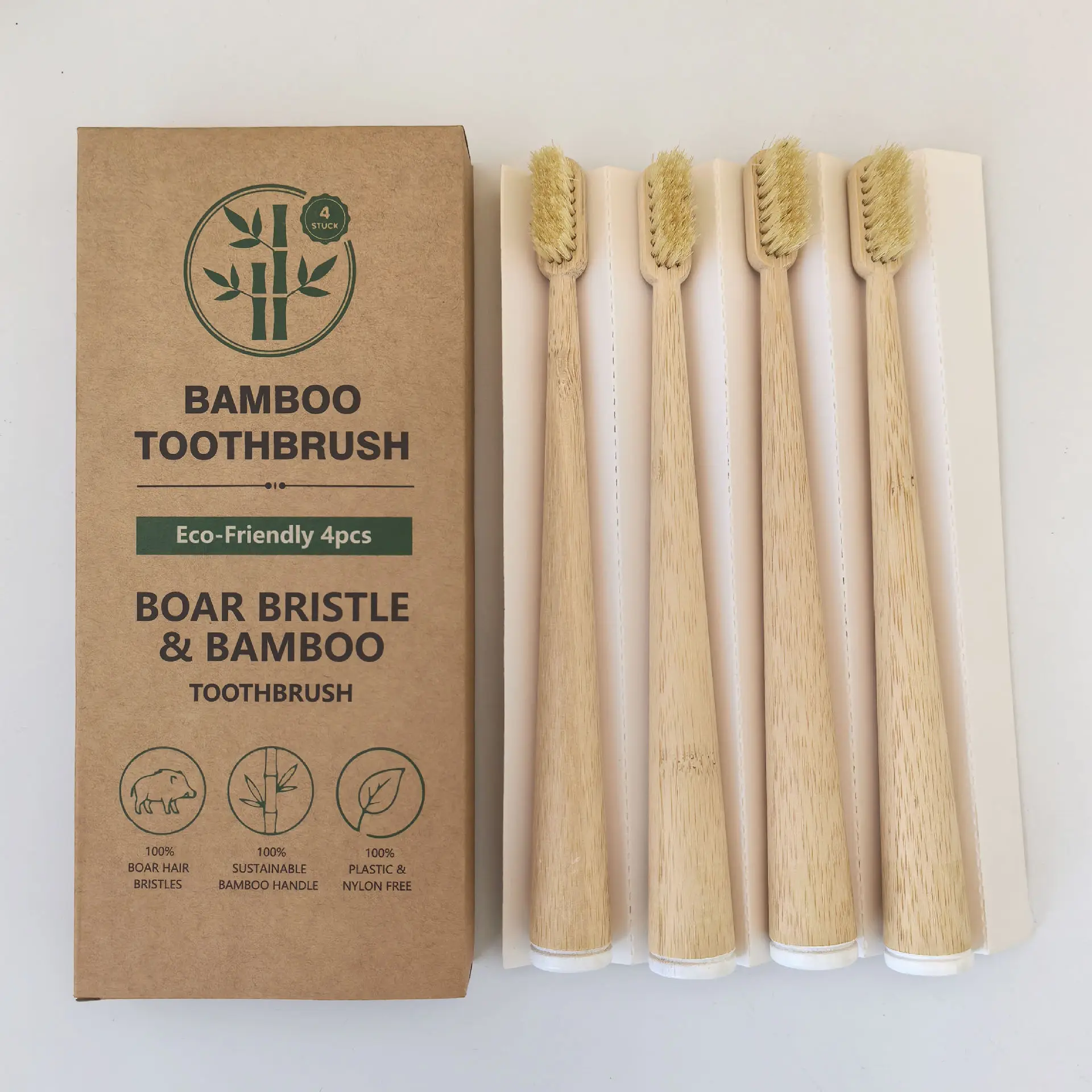Boar Bristle & Horsehair Bamboo Toothbrush 4 Pack, Plastic & Nylon Free