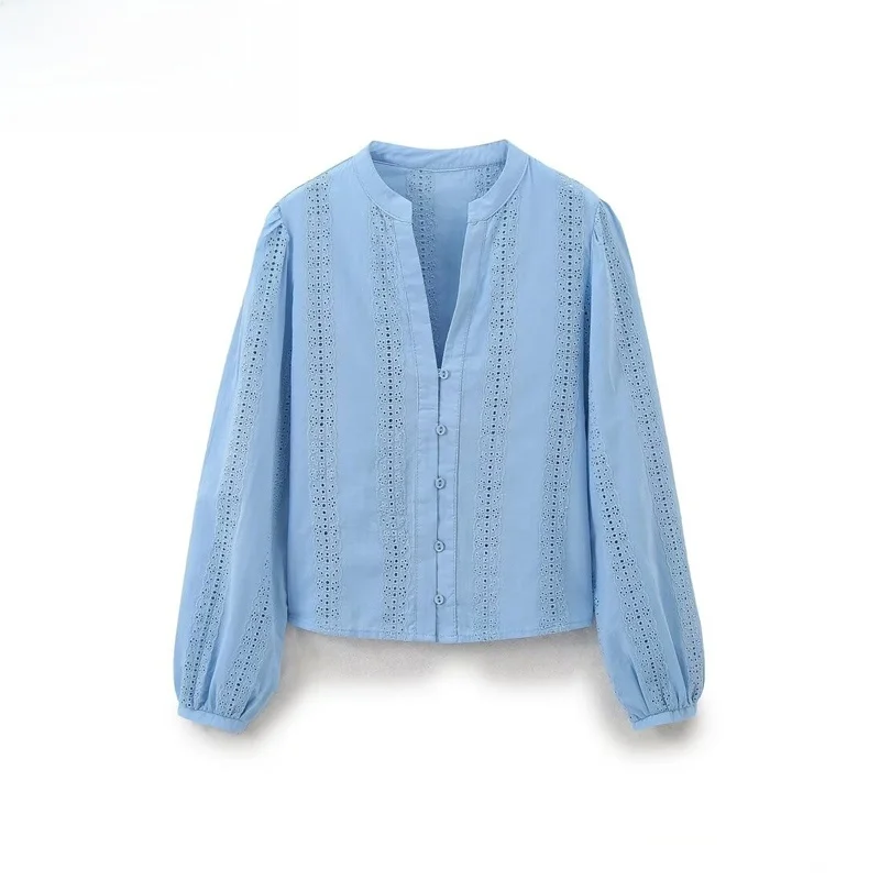 

Faionable Pure Color Hollow out Embroidery Women's irt Street Sle Loose Fit Long Sve V Ne Regular Length Polyester