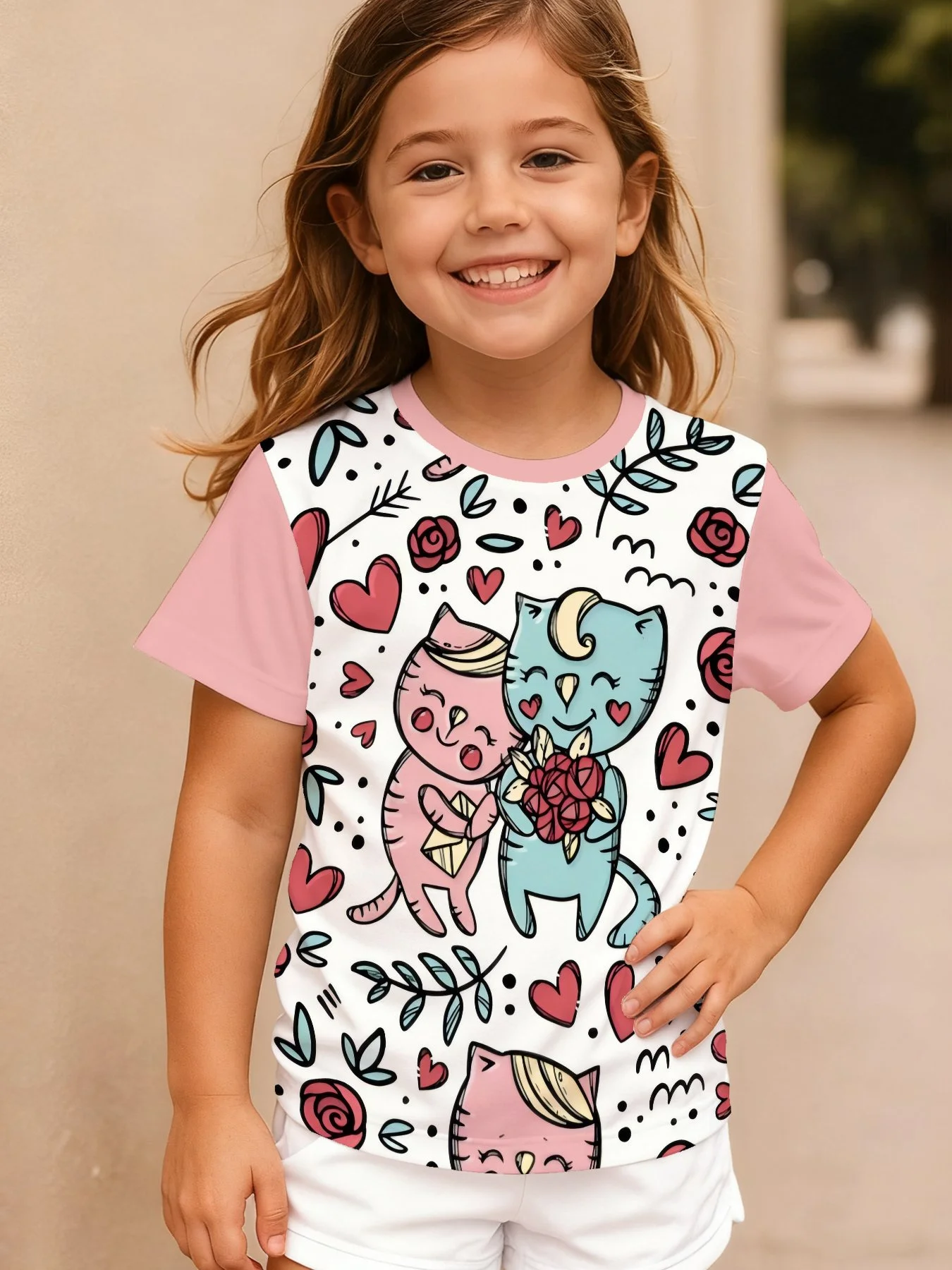 Girls Cute Valentine Cat T-Shirt, Cartoon Couple Cats Rose Heart Floral Print Short Sleeve Crew Neck Kids Graphic Tee