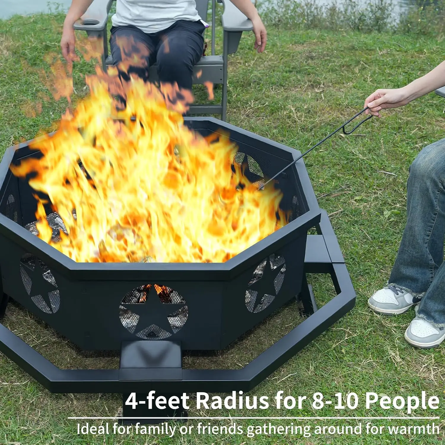 45 inch Large Fire Pit, Outdoor Fire Pit with Heavy Duty Construction, Wood Burning Fire Pits for Outside Octagonal Firepit for