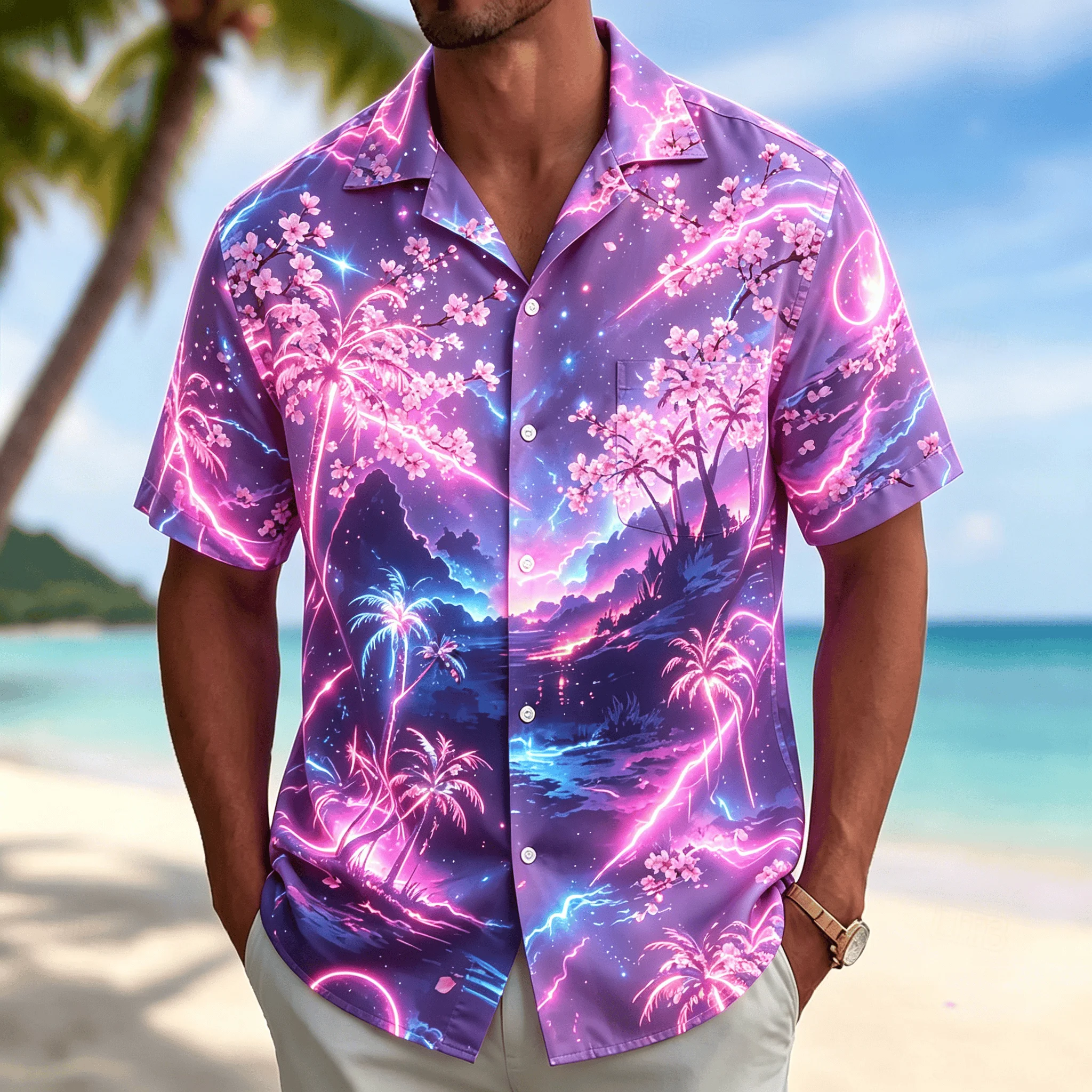 Men's Galaxy Print Short Sleeve Shirt, Casual Hawaiian Button Down Top, Tropical Night Sky Beach Style for Spring & Summer