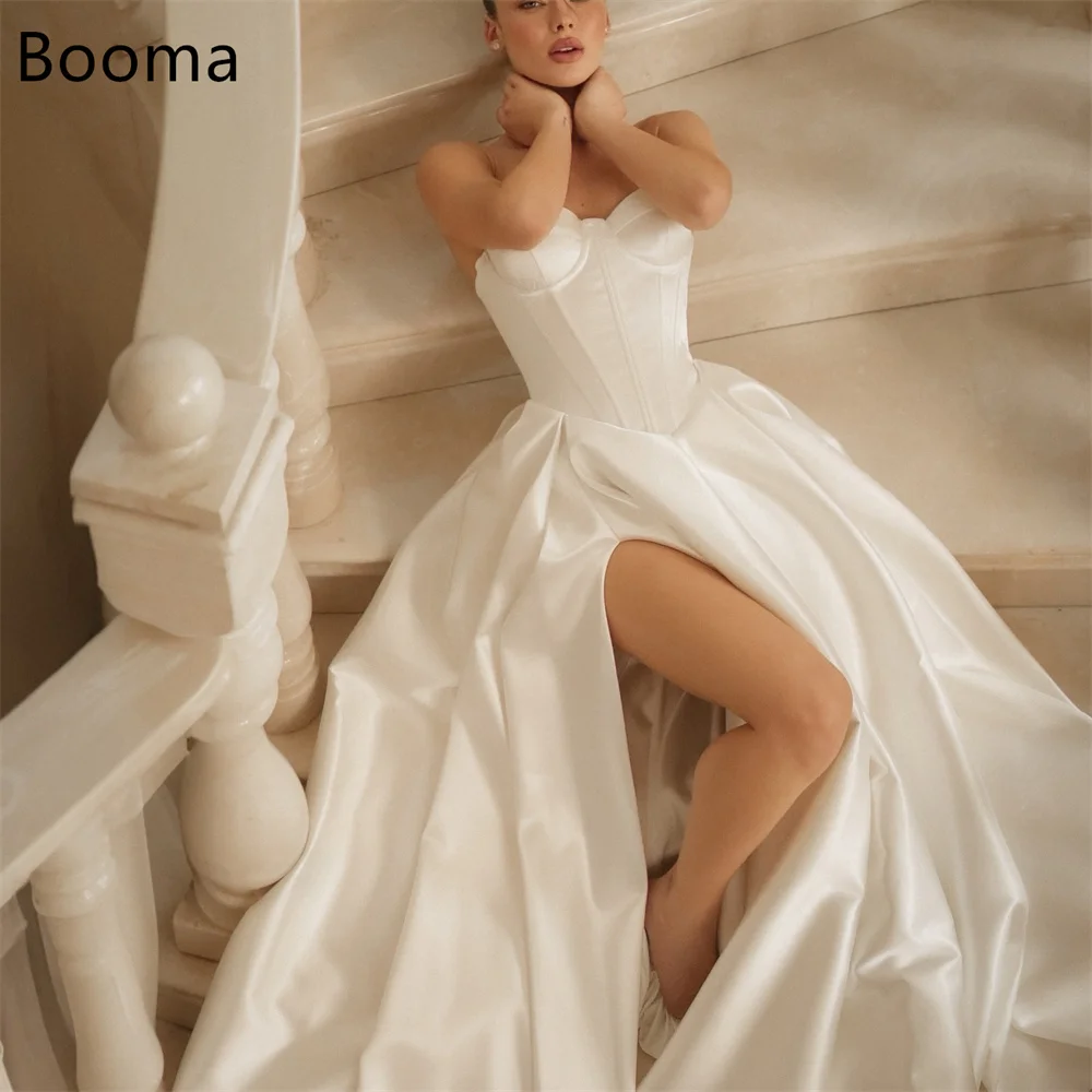 

Booma A-Line Elegant Strapless Side Split Wedding Dresses Simple Satin Sleeveless Brides Gown Custom Made 2025