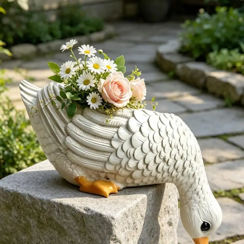 Duck Pot Resin White Animal Flower Holder for Small Flower Arrangements, Textured Display Piece for Balcony Entryway Window 37JD
