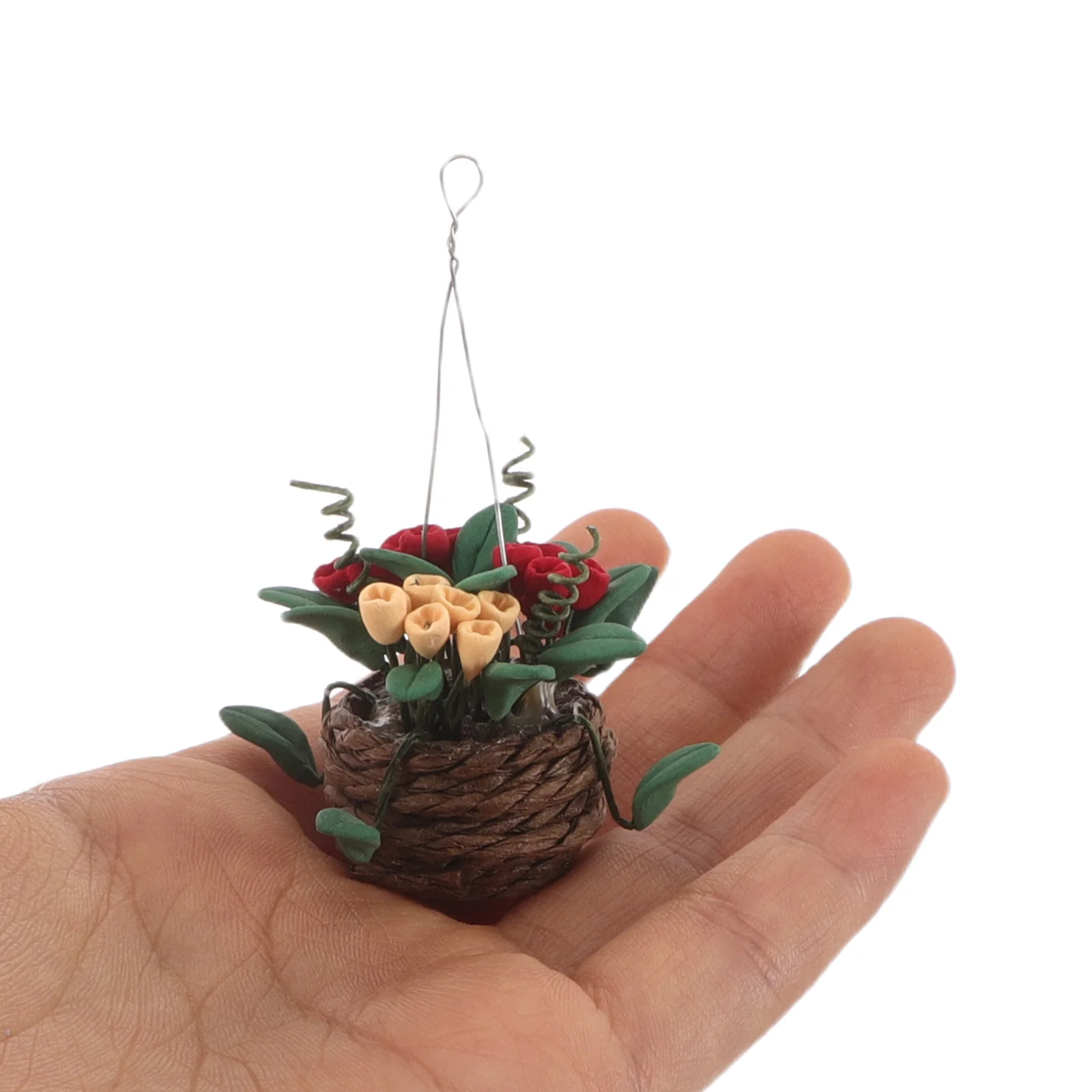 

Миниатюрная подвесная корзина, миниатюрные горшечные растения, синтетическая смола, корзина из ротанга ручной работы, сказочный сад, декоративные аксессуары для дома