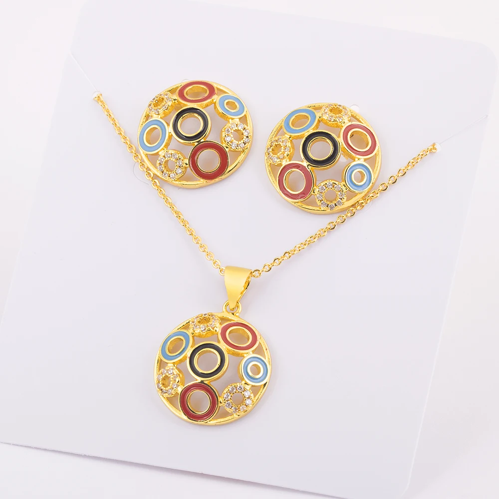 Nidin Ins Popular Fashion Creative Hollow Design Circle Colorful Zircon Necklace Earrings Luxury Party New Year Jewelry Sets