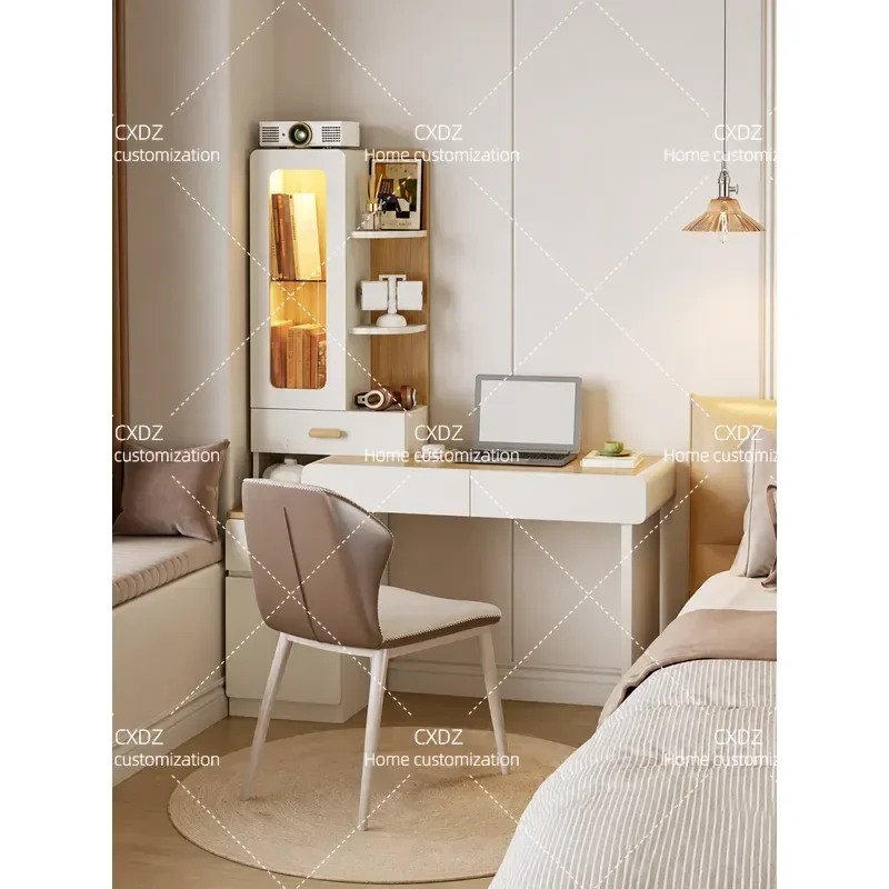 2026 new light luxury high-end solid wood bookcase desk integrated dressing table retractable study table dressing table