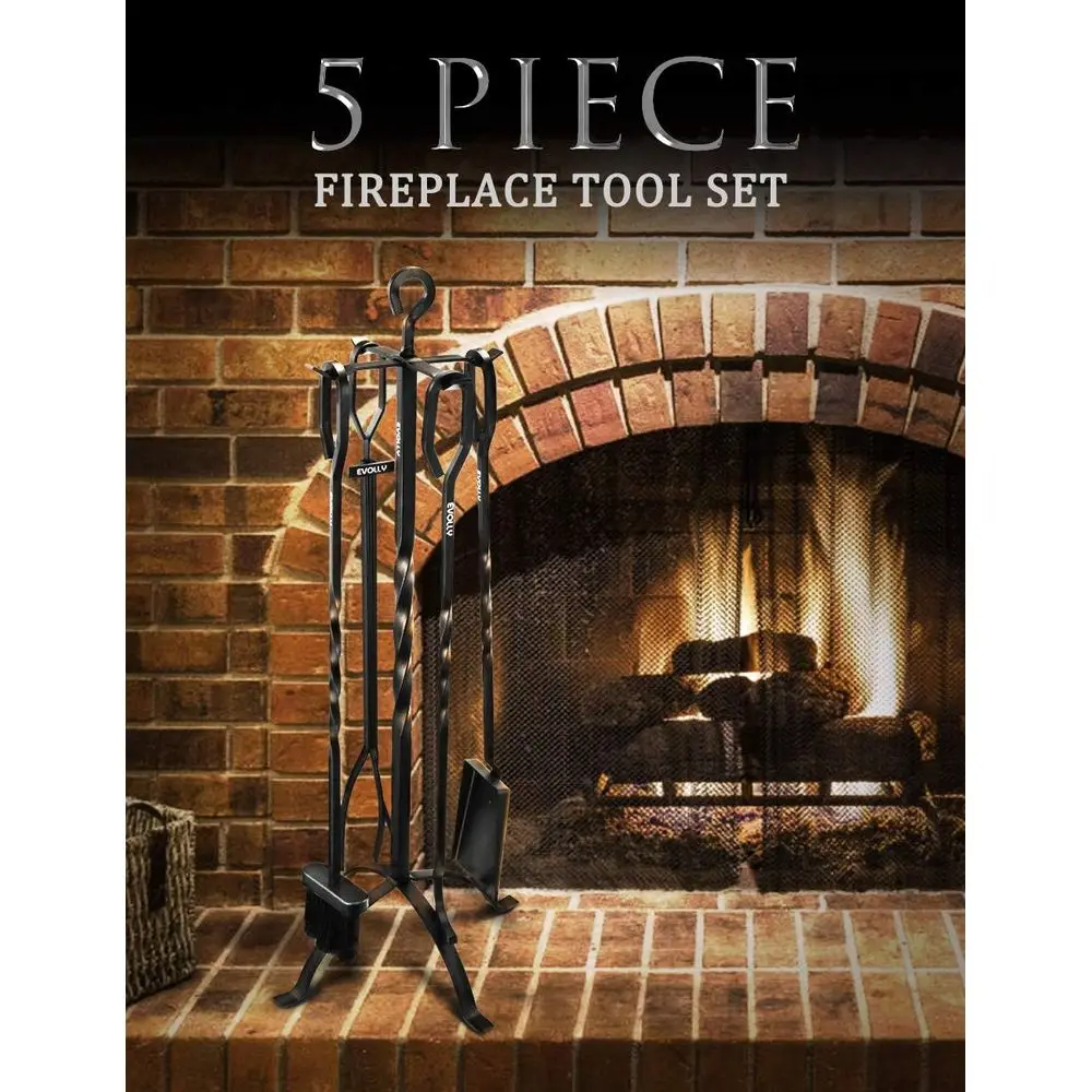مجموعة أدوات مدفأة من الحديد المطاوع شديدة التحمل مقاس 32 بوصة مع 5 قطع للمواقد وحفر النار، بما في ذلك الملقط والمجرفة والحامل، #6