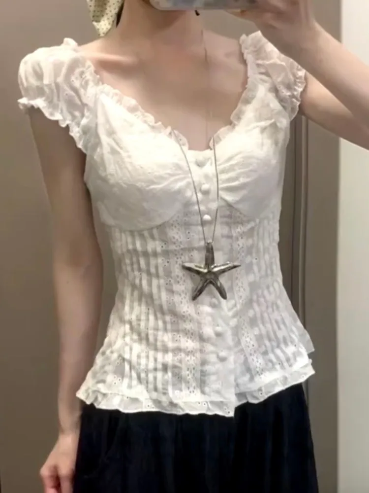 

White Lace Short Sleeve Shirt Women's Summer Slim Fit Design Unique Super Beautiful Top Wood Grain Pure Desire