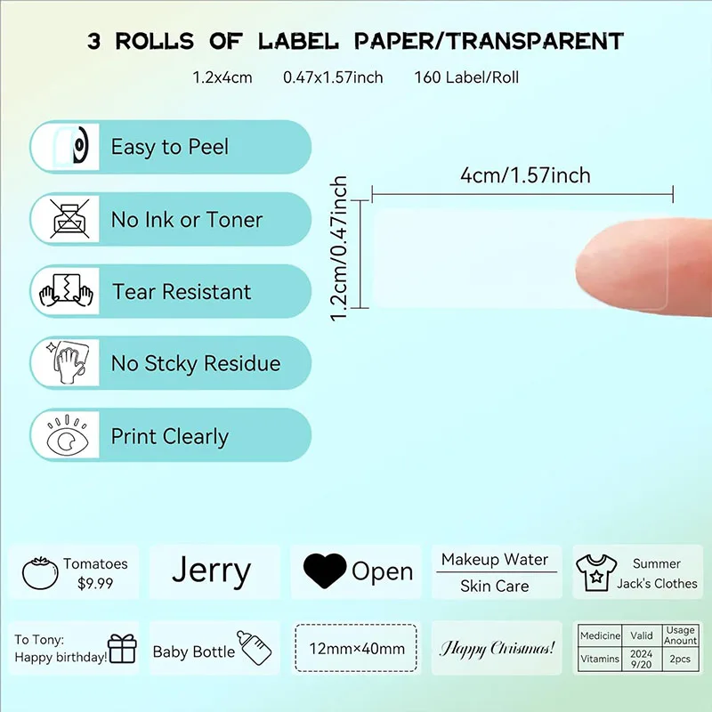 12x40mm Transparent Thermal Label Tape Roll Self-adhesive Waterproof Printable Name Sticker Paper Jar Cable Sort Tag For D30 P15