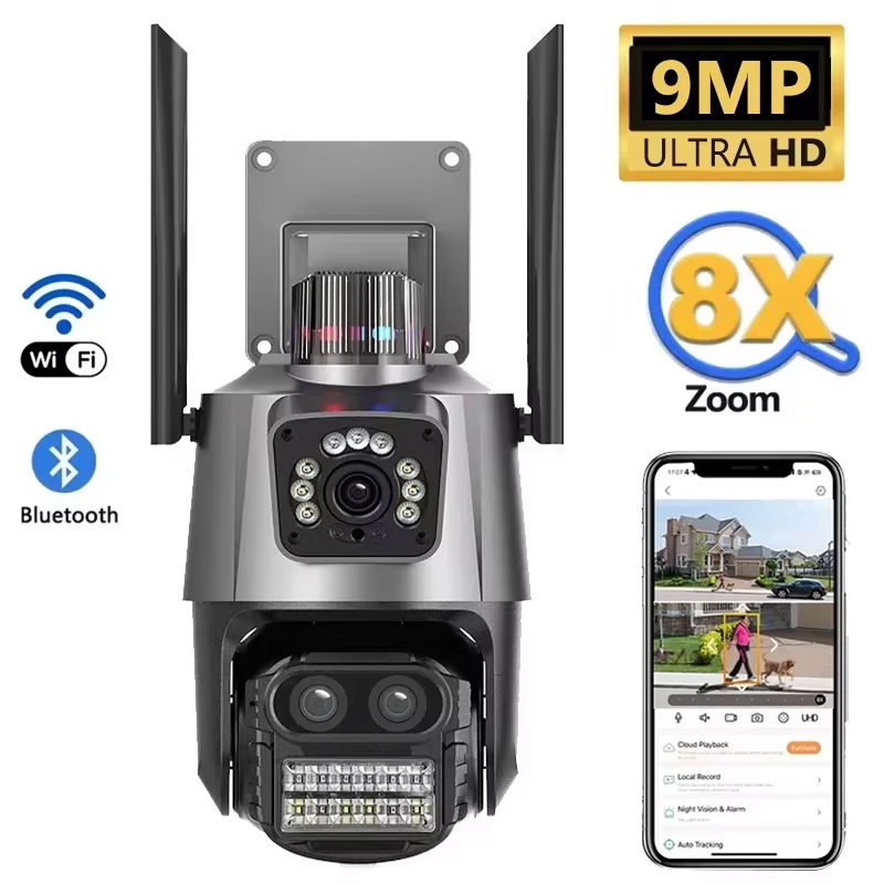 

9-мегапиксельная IP-камера, уличная HD-камера с тремя объективами и двумя экранами, Wi-Fi камера безопасности, AI, автоматическое отслеживание, ночное видение, CCTV, PTZ-камера