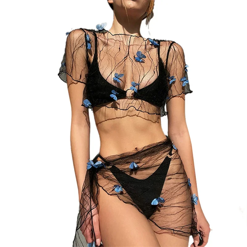 

Bikini Cover Up Y2k Clothes Women Sexy Sheer See Through Short Sleeve Crop Top and Tie-up Sarong Wrap Skirt Beachwear