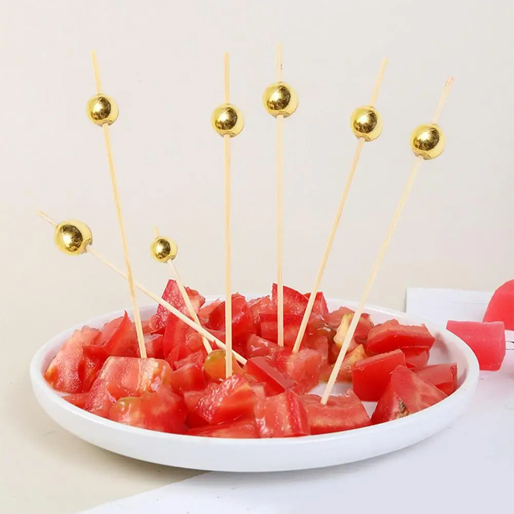 25/100Pcs Gold Beads Bamboo Fruit Sticks Fruit Salad Snack Fork Cocktail Decor Cake Buffet Toothpicks Wedding Party Supplies