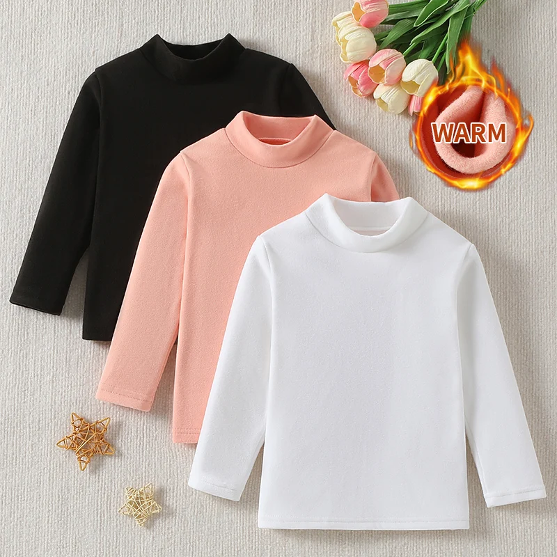 1/2/3piece Autumn And Winter Thick Children's Solid Color Base Shirt Boys And Girls Brushed Warm Mid Neck Top Fashionable Hoodie