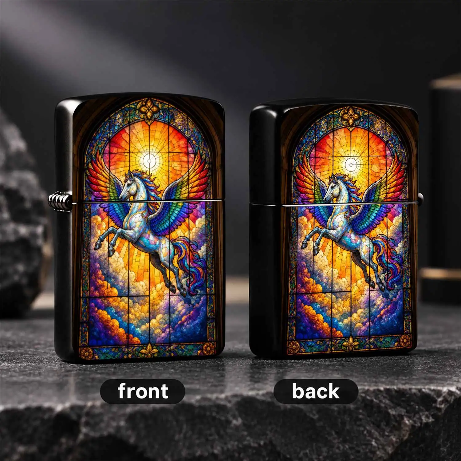 Vintage Stained Glass Rainbow Pegasus Lighter, Artistic Arched Window Winged Horse Decor Portable Igniter, Unique Exquisite Collectible, Ideal Novelty Gift For Family Friends, Suitable For Daily Casual, Travel, Gatherings And All Common Usa