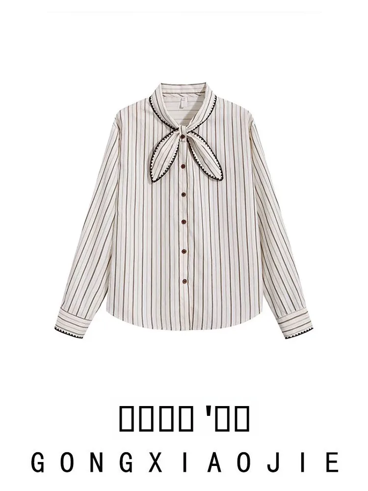 

Женская рубашка с длинным рукавом и воротником в стиле ретро с кроличьими ушками, осенняя, в классическую вертикальную полоску, приталенного прямого кроя