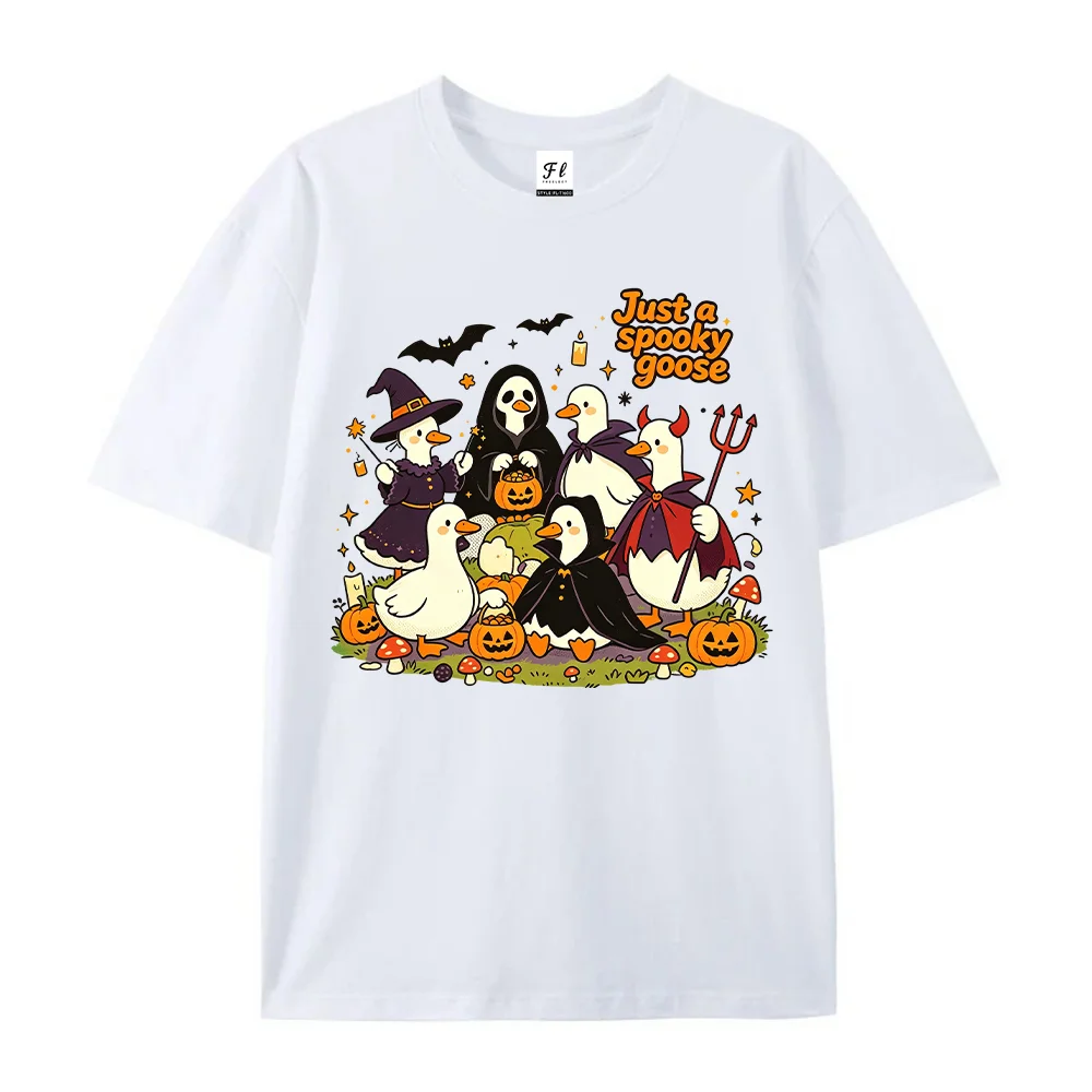 Women  Just A Spooky Goose T Shirt Halloween Duck Graphic Oversized Short Sleeve Cotton White Cute Ghost Pumpkin Tops