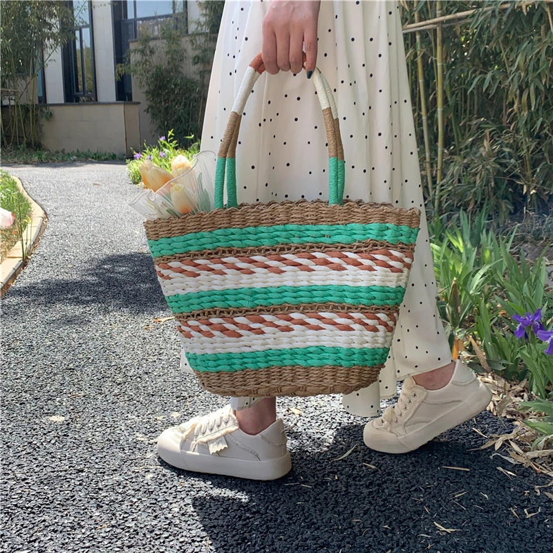 Summer Lady Shoulder Bag Hand woven Straw Bags High quality Splice Female Handbags Designer Women Bag Bohemian Casual Beach Bags