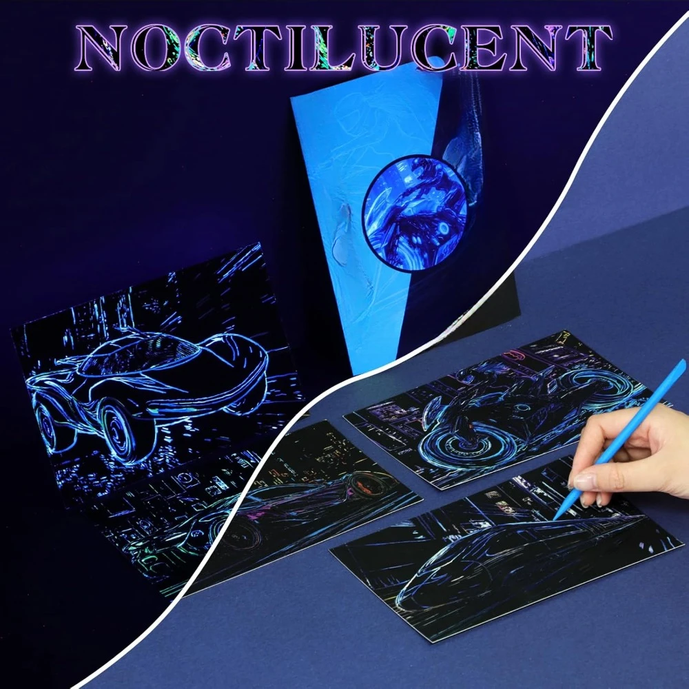 스크래치 페인팅 키트는 어두운 무지개 종이에 빛납니다. 펜과 청소용 브러시가 함께 제공됩니다.