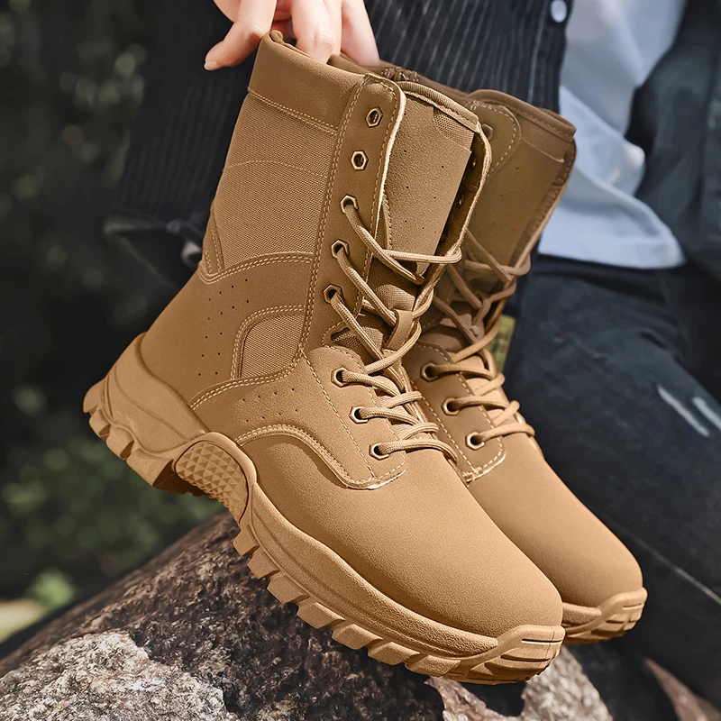 

Коричневые мужские ботинки для пустыни, большие размеры 39-46, уличные водонепроницаемые мужские походные ботинки, тактические ботинки на нескользящей платформе, мужская треккинговая обувь
