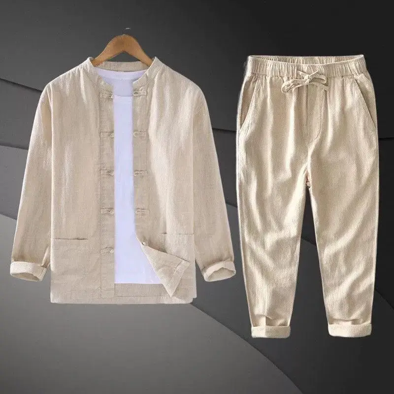 

Men's Cotton Linen Set New Chinese Style Stand Collar Button Shirt Thin Zen Tea Service Tang Costume Tai Chi Suit Fashion Set