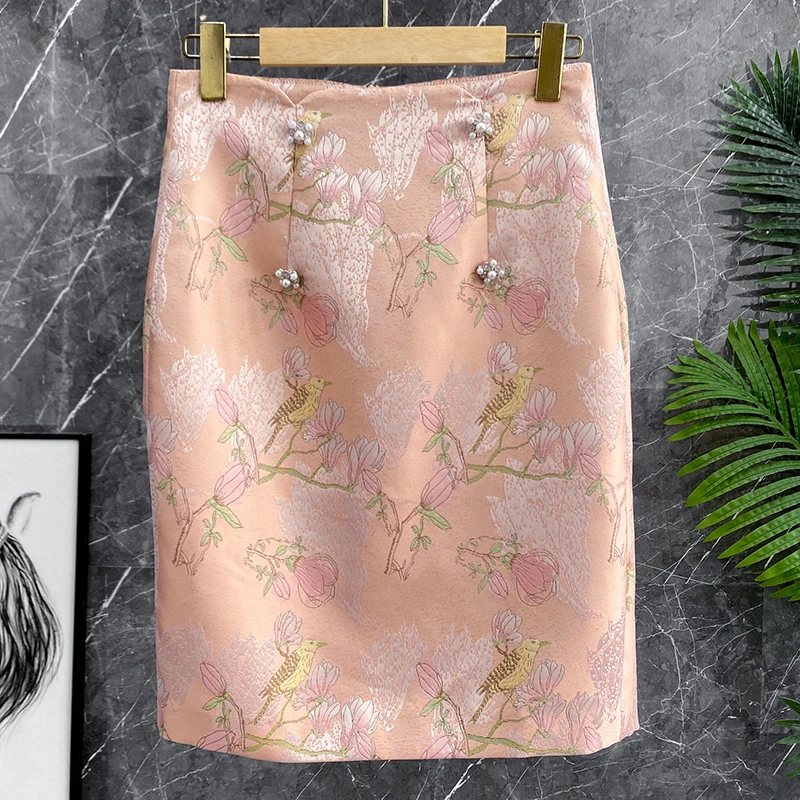 

Ретро-юбка в европейском стиле с высокой талией, розовая, с вышивкой и цветочным узором, облегающая, для повседневной носки, из смесового полиэстера и хлопка
