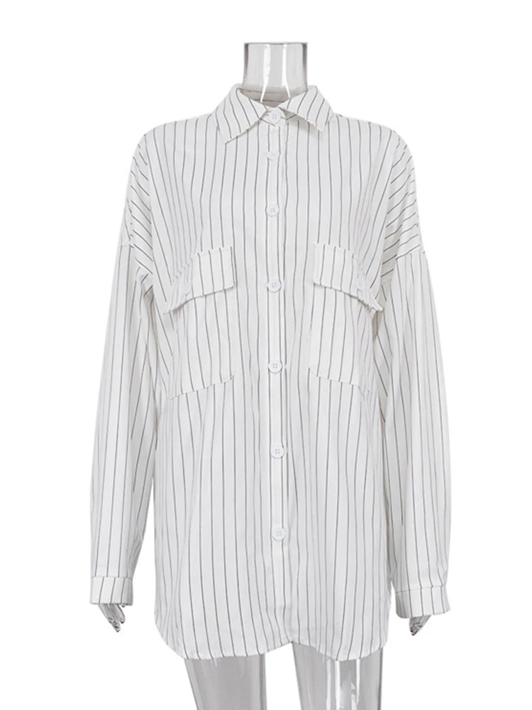 Mumaroho 2023 Autumn Winter Fashion Women Oversized Striped Long Shirt White Casual Long Sleeve Loose Fit Blouse Female