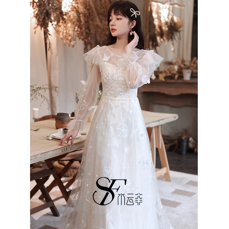

Ele White aduation Ball Gown Women's Faion Fairy T Sle Long Sve Floor Length Adult Dr Korean Sle