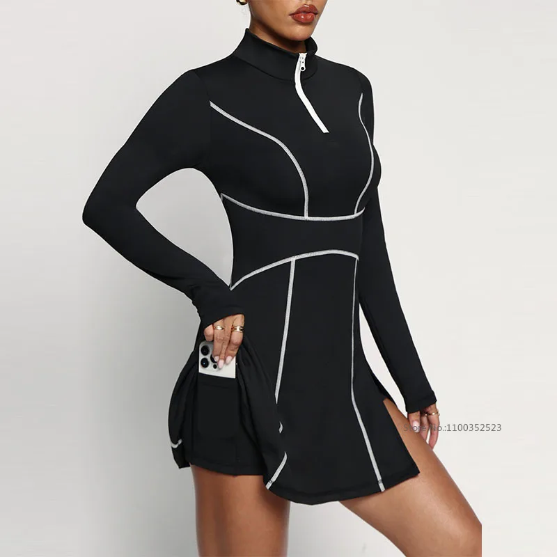 Ladies Long Sleeve Slim Tennis Dresses with Short Contrast Color Golf Workout Dress Women Zipper Collar Fitness Running Skirts view 2