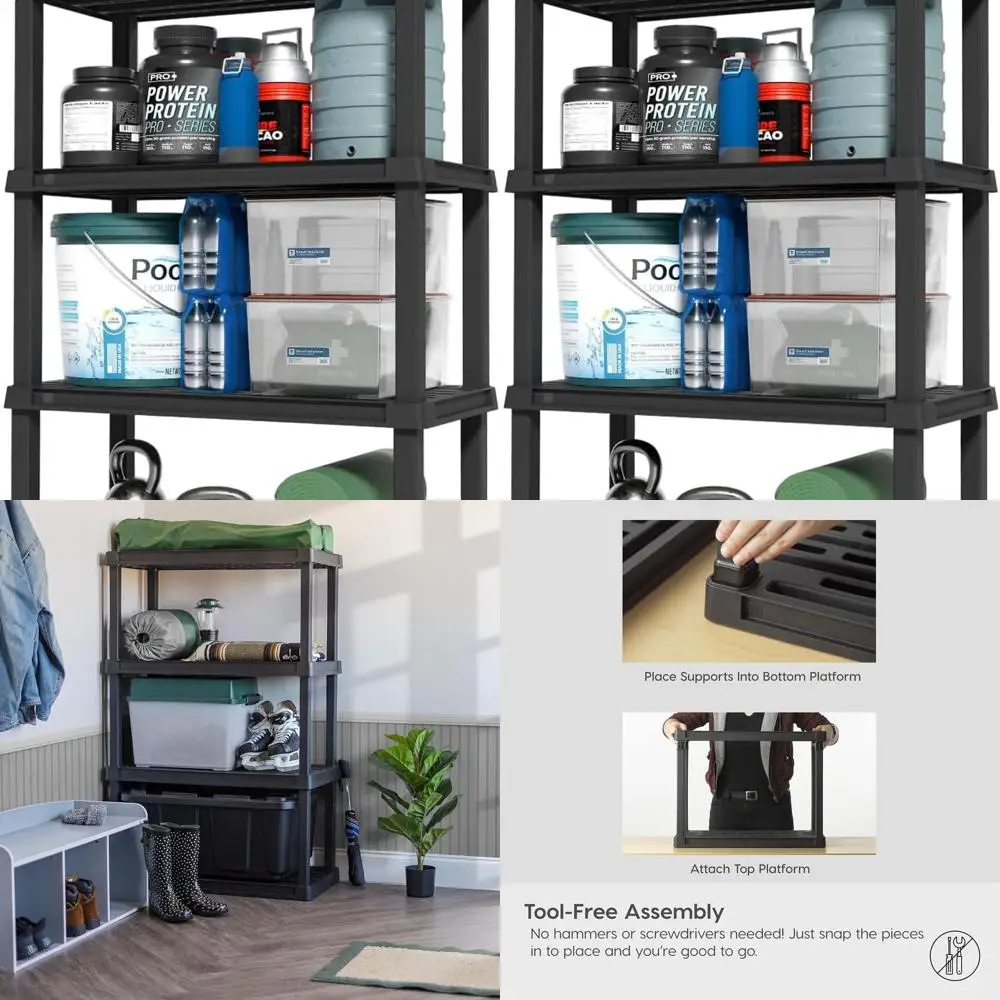 

Heavy-Duty 4-Tier Plastic Shelving, 600lb Load, 56H x 36W x 18D, for Garage, Home, and Warehouse - Black