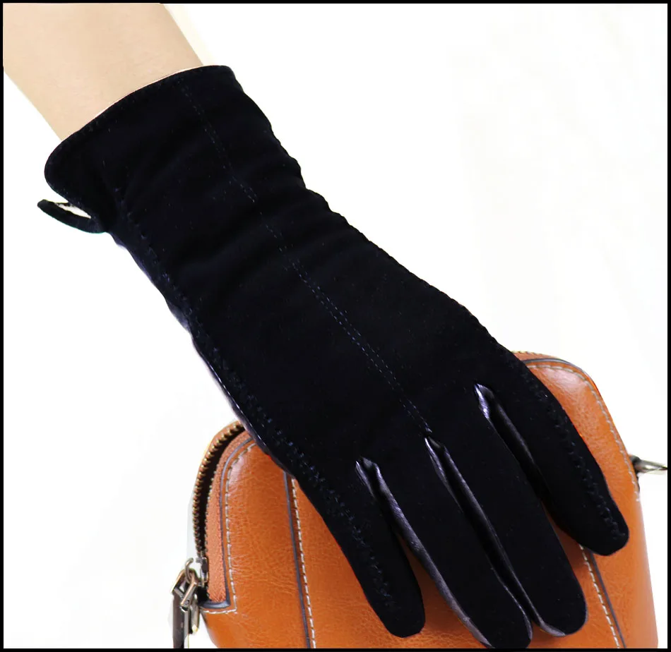 Leather Gloves Women\'s Sheepskin Suede Gloves Frosted Leather Autumn and Winter Thin and Thick Warm Knitted Lining Fashion New