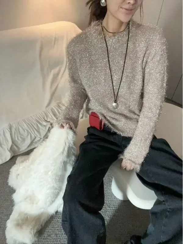 

Trendy Glitter Knitwear Loose Fit Cool Sle Women's Faionable Top for Winter Season Commute Sle Long Sve round Ne