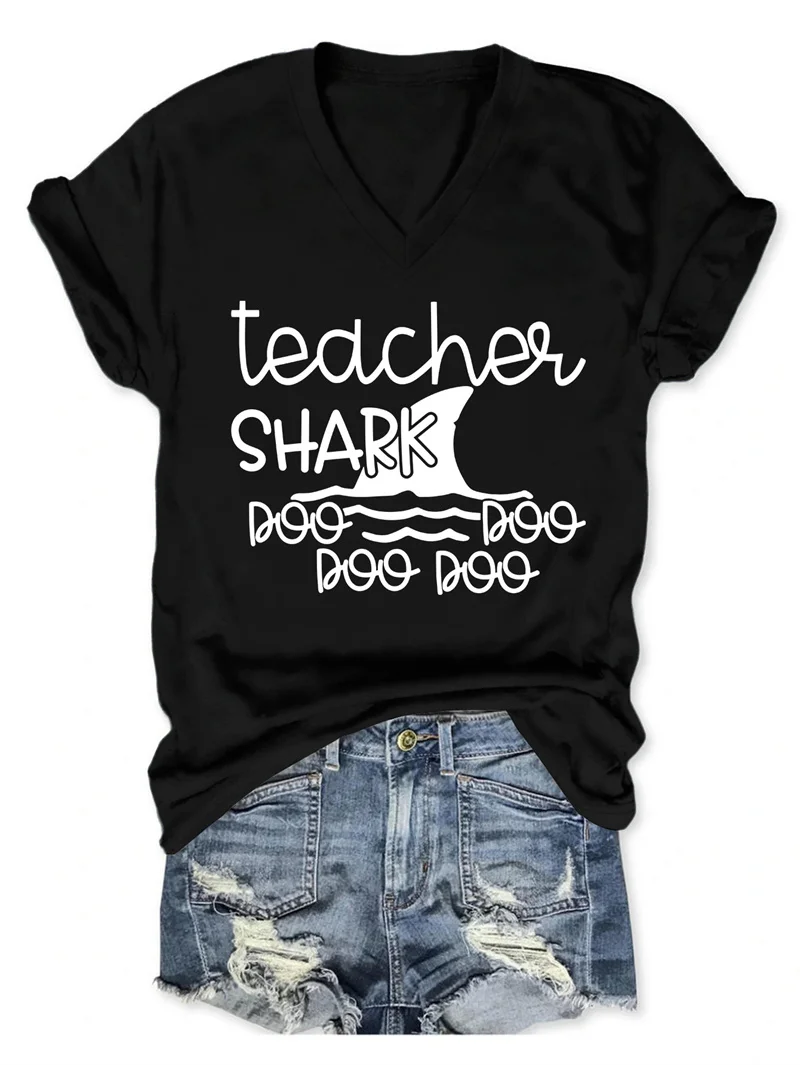 New fashion summer women's cotton teacher shark boo Shark print cute retro V-neck T-shirt short sleeve