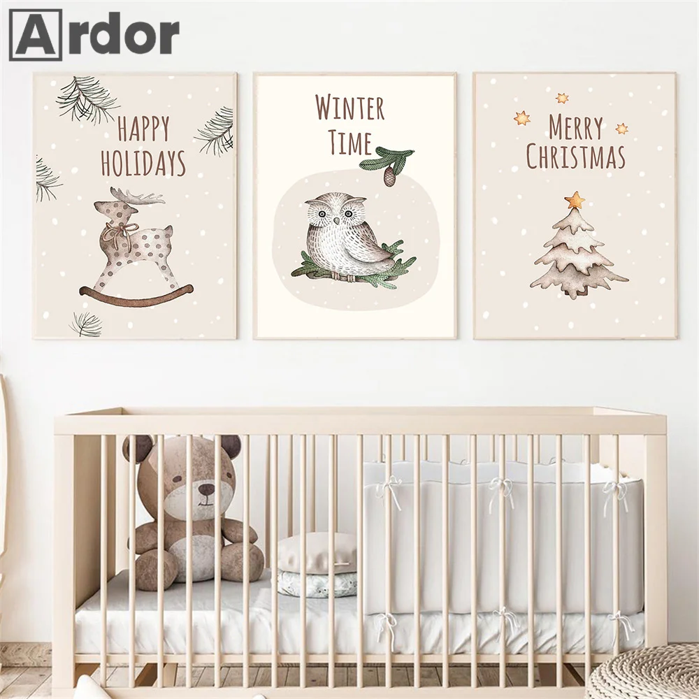 

Christmas Pine Tree Star Painting Wall Art Picture Deer Owl Woodland Posters And Prints Winter Canvas Painting Living Room Decor